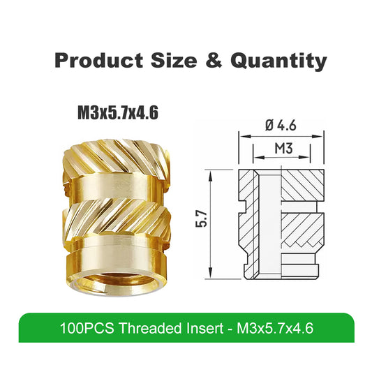 Mintion M3 x 5,7mm x 4,6mm Threaded Insert Set - 100 pcs