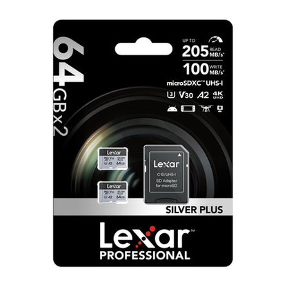 Lexar High-Performance SILVER PLUS microSDXC 2×64GB + SD-adapter